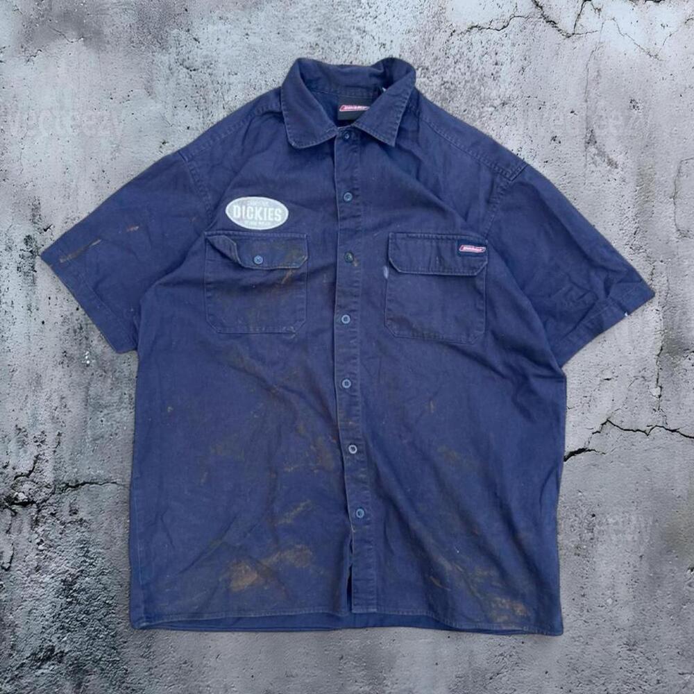 Vintage Dickies Button Up Shirt Men US L Workwear Short Sleeve Blk Cotton Collar